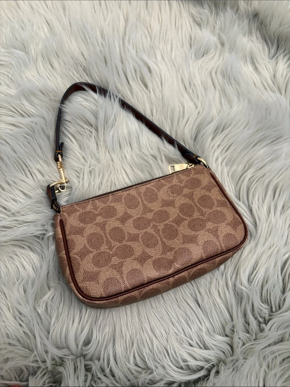 Coach Brown Signature Canvas Shoulder Bag with Gold Hardware